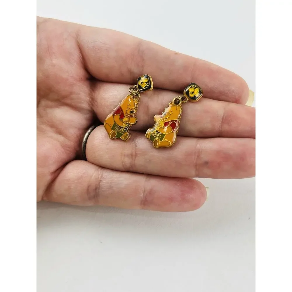 Vintage Winnie the Pooh Dangle Earrings Sitting Pooh w/Honey Pot Enamel Disney - Picture 2 of 14